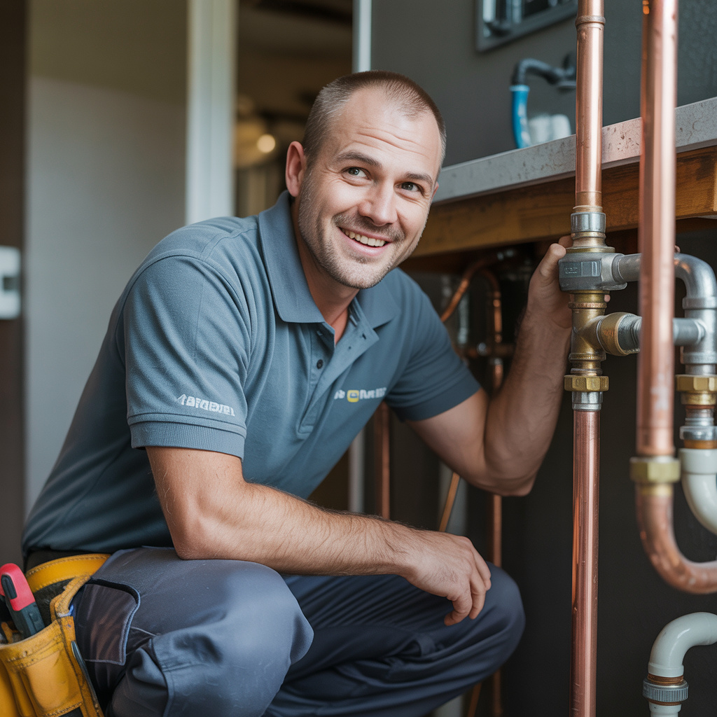 Australian male plumber working on pipes