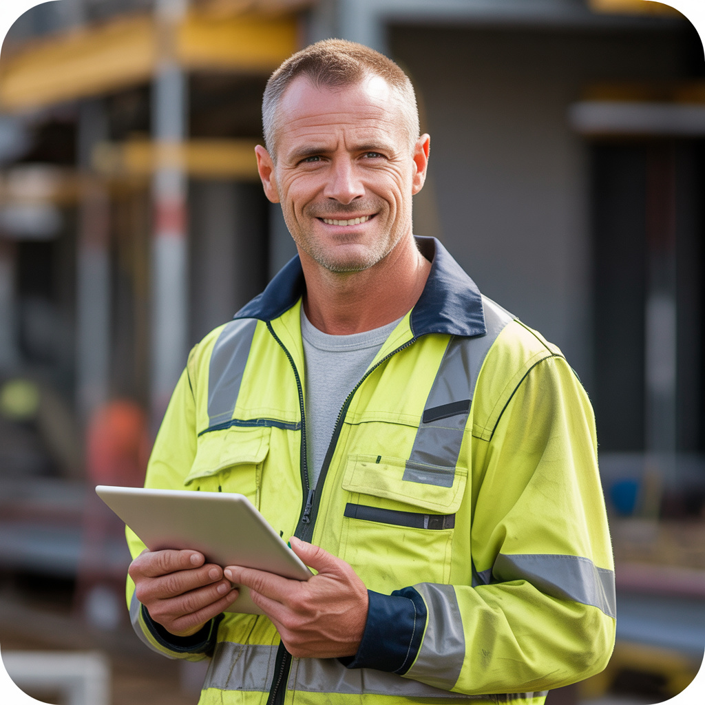 Australian tradesman builder holding tablet on construction site